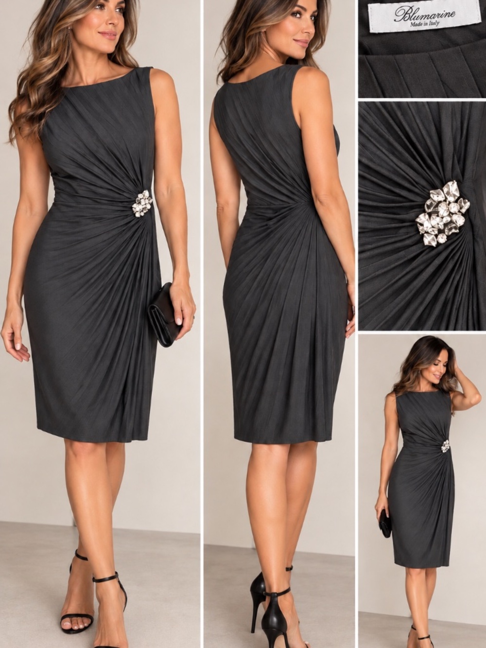 Blumarine Made in Italy Draped Pleated Dark Grey/Black Evening Dress - Vintage